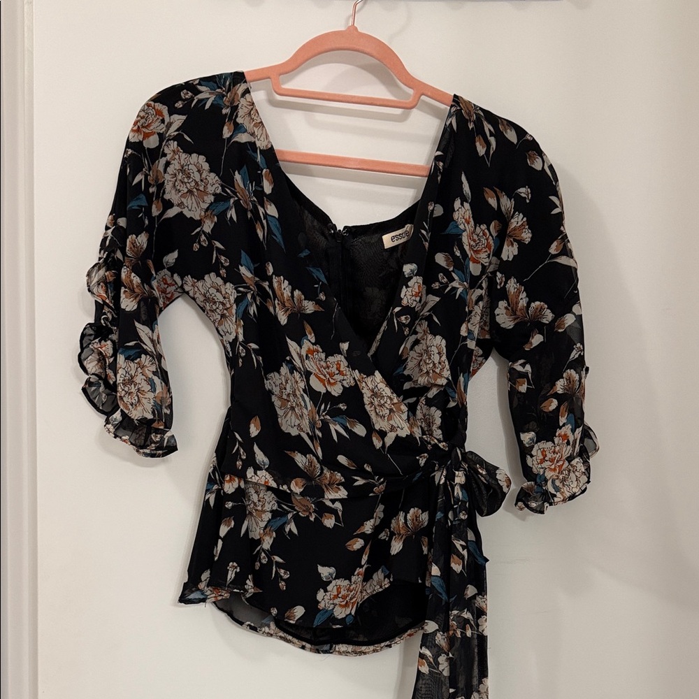 Essue Black Floral Wrap Blouse